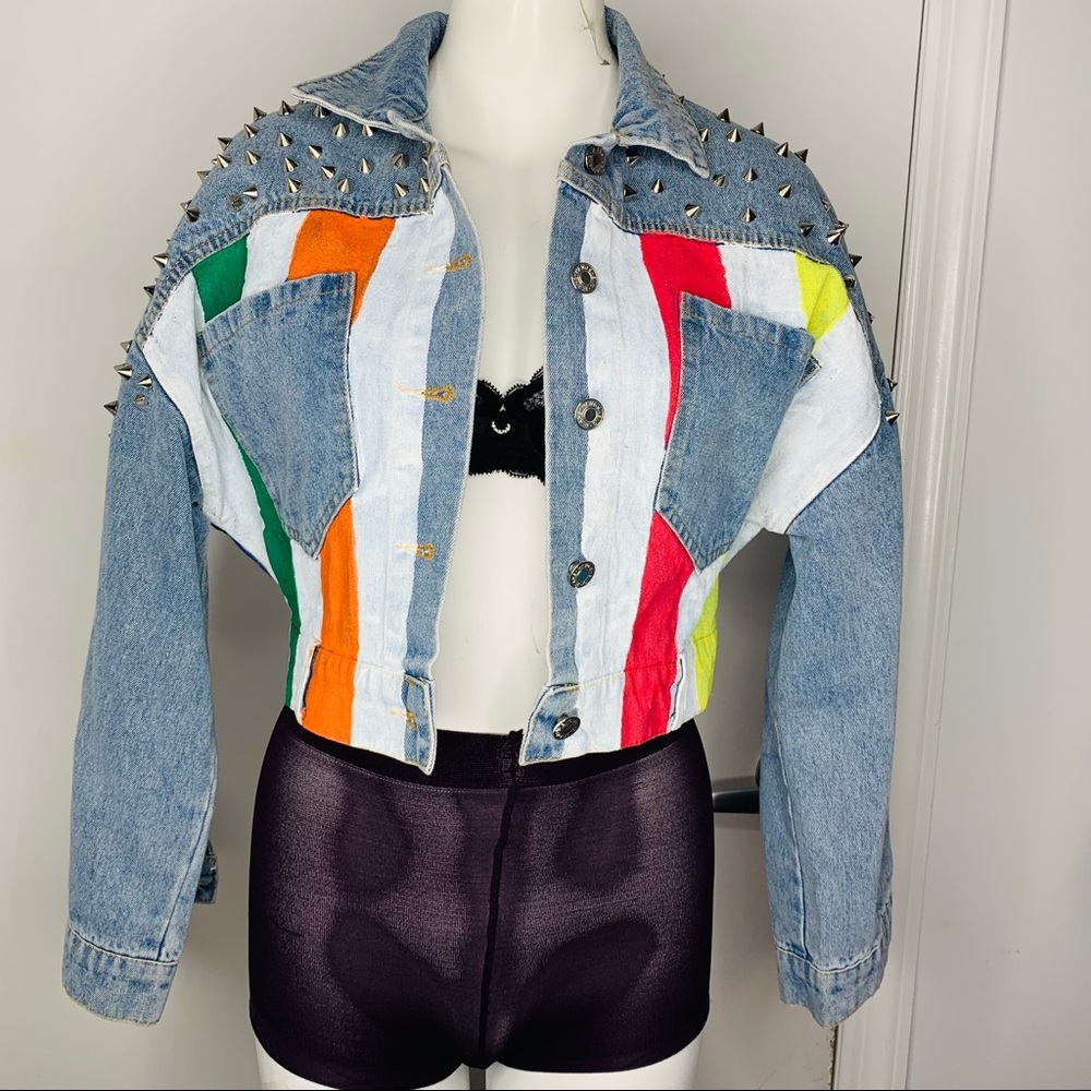 Wren & Glory hand painted studded crop jean jacket